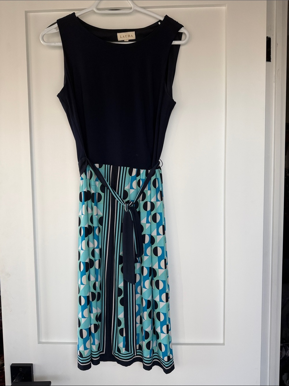 Laura Sleeveless Navy & Aqua Geometric Tie-Waist Midi Dress